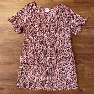 Polly Women's Dark Red Cream Gray Dotted Short Sleeve Button Pocket Dress US 10